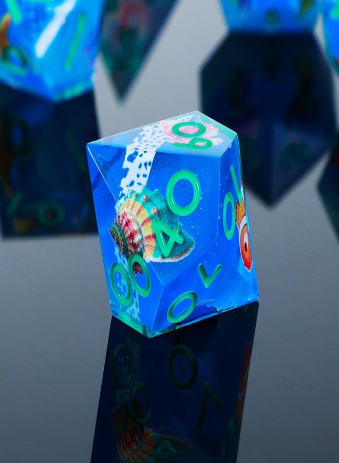 UBEUCK DND Dice Set 7-Pcs Sharp Edge Blue Marine Life Style Resin Dice Polyhedron Resin Sharp Edge dice Role-Playing Game RPG MTG Board Game (Marine Life - Green) - Image 5